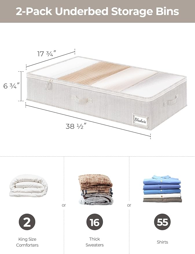 StorageWorks Extra Large Under Bed Storage Containers with Handles and Label Holder, 2 Pack Ultra-thick Fabric Underbed Bins, Closet Organizer for Clothes, Blankets, Sweater-Ruum Studio Home