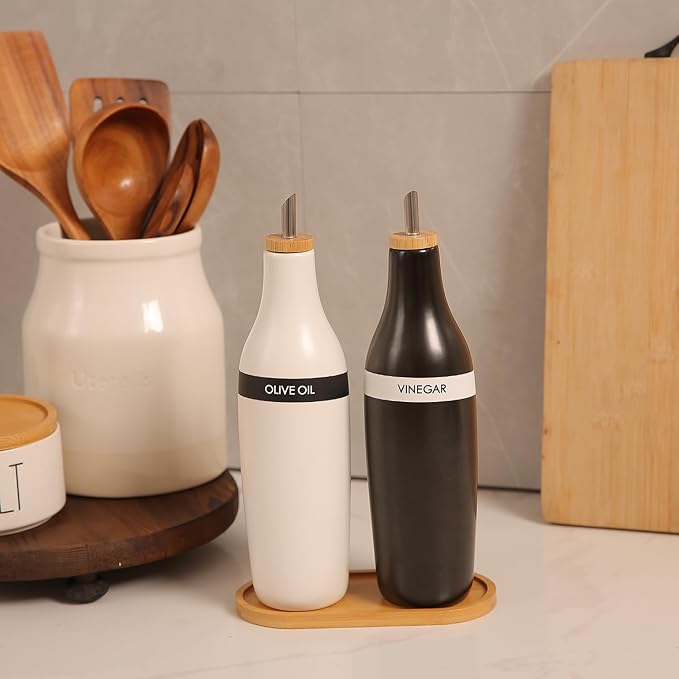 HOMCDALY Olive Oil and Vinegar Dispenser Set, Two 16oz Ceramic Oil Dispenser for Kitchen, Kitchen Dispenser Bottle for EVOO Vinegar Syrups, Modern Farmhouse Design| Set of 2 –Black &white-Ruum Studio Home