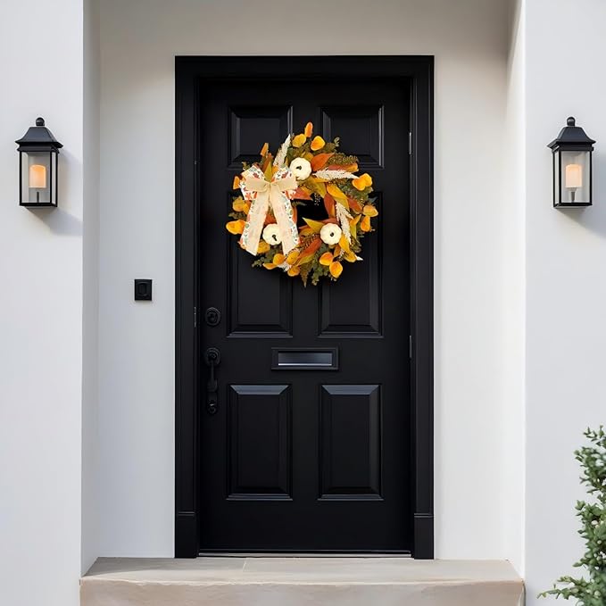 CYANBLOOM Fall Wreaths for Front Door: Rustic 20-22 Inch Bow Wreath with Golden Eucalyptus, White Pumpkins & Wheat - Lovely Warm Vibes Outdoor Indoor Farmhouse Decor for Halloween Thanksgiving Autumn-Ruum Studio Home