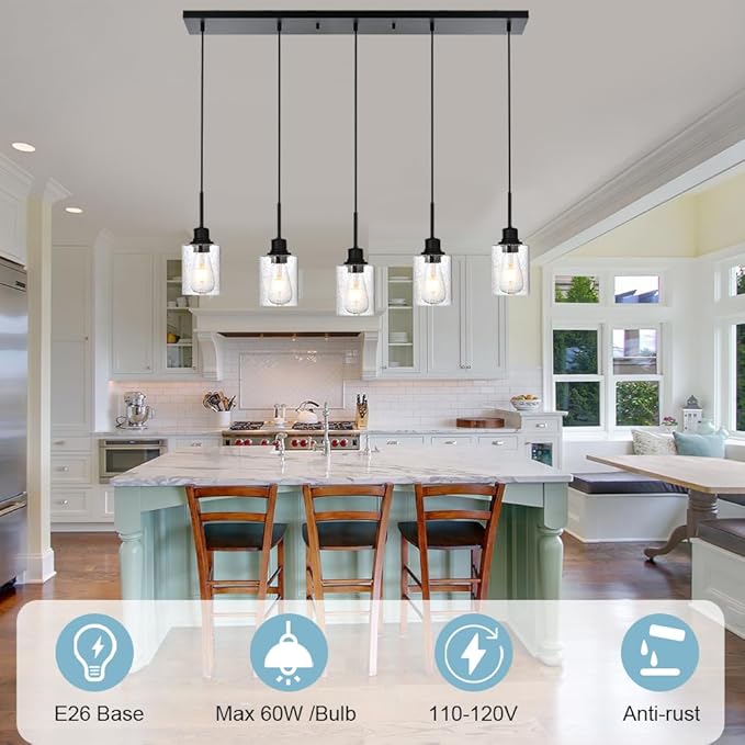 Black Chandelier 5 Light Dining Room Lighting Fixtures Hanging Linear Pendant Lights Industrial Modern Chandelier with Seeded Glass for Kitchen Island Living Room Bedroom Foyer Hall Entryway-Ruum Studio Home