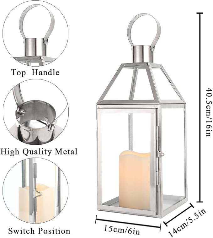 JHY Design Silver Decorative Lanterns 16inch High Stainless Steel Candle Lanterns with Tempered Glass for Indoor Outdoor Events Parities and Weddings-Ruum Studio Home