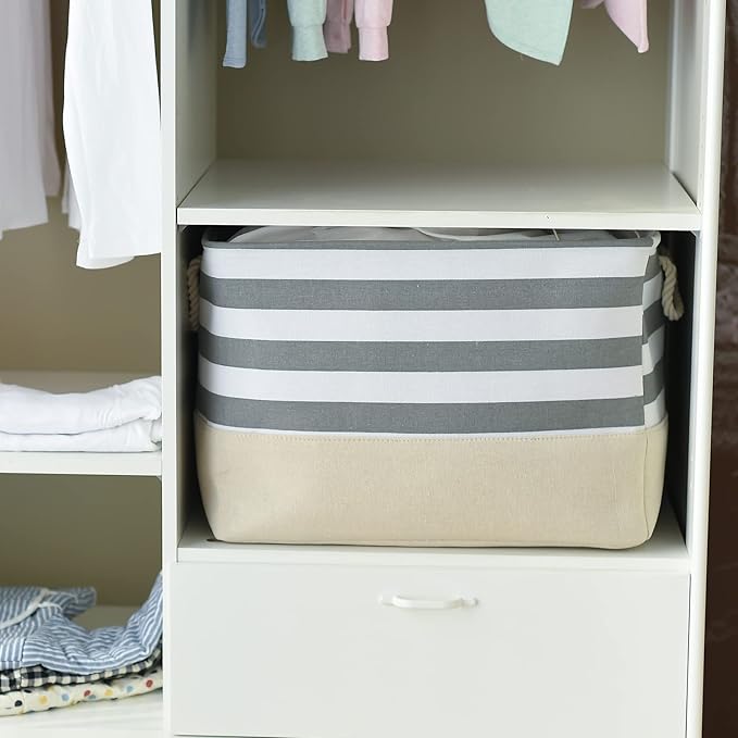 TheWarmHome Jumbo Storage Bins Baskets, Sturdy Fabric Organizing Basket W/Handles, Decorative Foldable Storage Baskets for Shelves Closet Nursery Toy (Grey&White Stripes 3 Pack, 20.5Lx15.7Wx13.8H in)-Ruum Studio Home