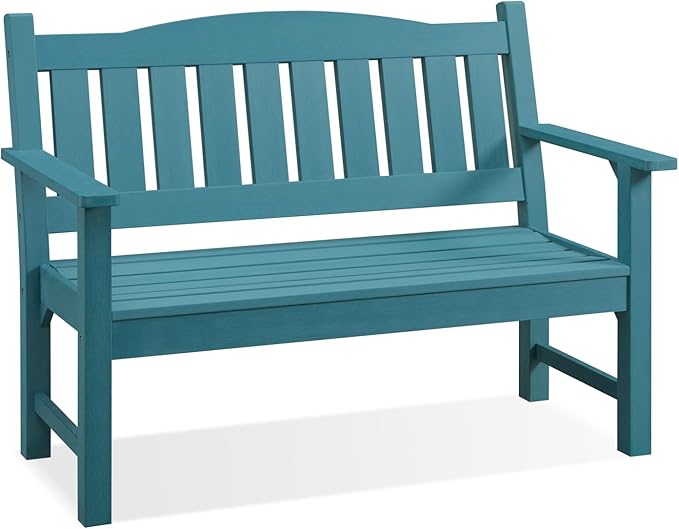Psilvam 2-Person Outdoor Memorial Bench, All-Weather Poly Lumber Garden Bench, Rot-Resistant Outdoor Patio Bench for Park,Porch,and Church (Blue)-Ruum Studio Home