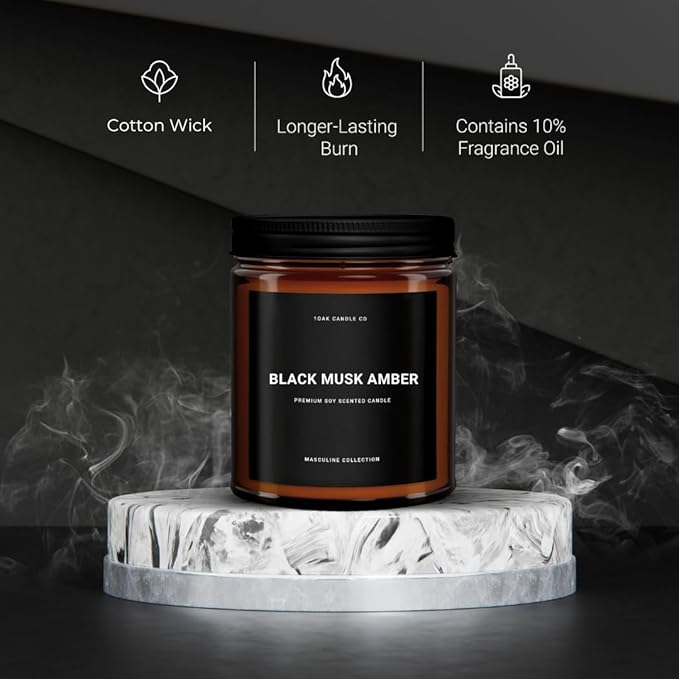 1OAK Black Musk Amber Candle - Soy Wax Scented Candle for Men - 7oz, Long Burning, Masculine - Premium Gift Option-Ruum Studio Home