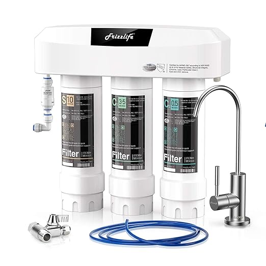 Frizzlife Under Sink Water Filter System with Brushed Nickel Faucet SP99-NEW, NSF/ANSI 42&53 Certified 3-Stage 0.5 Micron Removes Lead, Chlorine, Chloramine, Fluoride, Quick Change, Do not Lower TDS-Ruum Studio Home