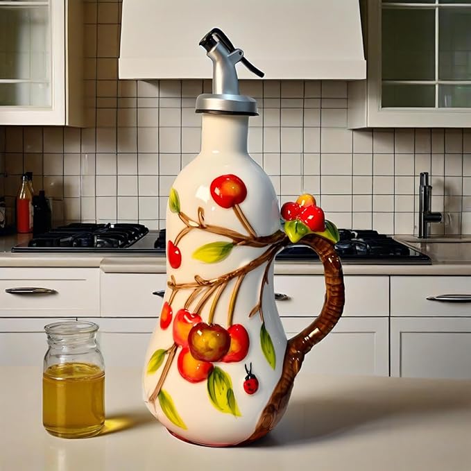 18 Oz Hand Painted Relief Ceramic Olive Oil Bottle Dispenser for Kitchen, Oil and Vinegar Bottle, Seasoning Bottle with Stainless Steel Nozzle, 540mL Oil Container with Handle for Cooking, Light Proof-Ruum Studio Home