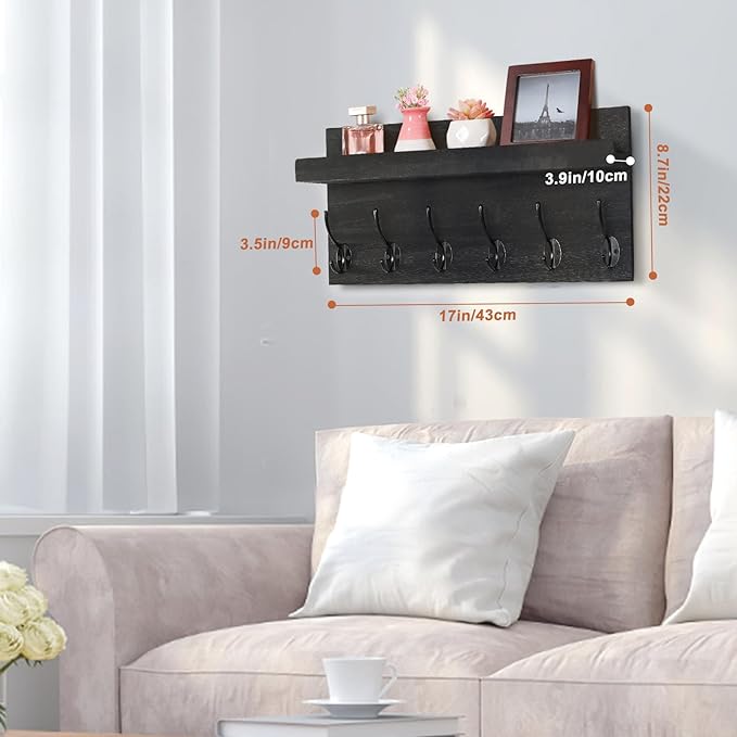 Shelf with Hooks, Coat Rack Wall Mount with 6 Double Metal Hooks, 17 Inch Farmhouse Wall Hooks with Shelf, for Entryway, Bathroom, Kitchen, Black-Ruum Studio Home