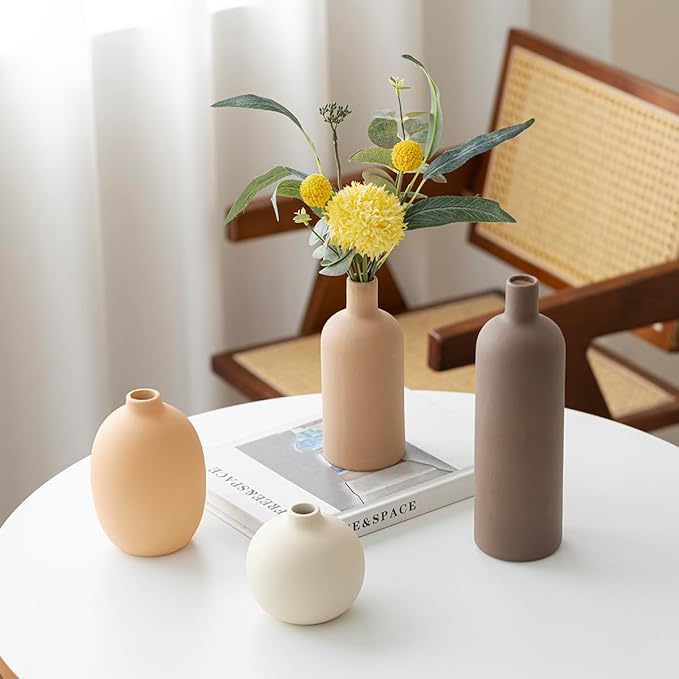 Modern Ceramic Vase Set, Neutral Colors, Decorative Vases for Home Shelf Decor, 4 Piece Collection (Coffee Mix Set 4)-Ruum Studio Home