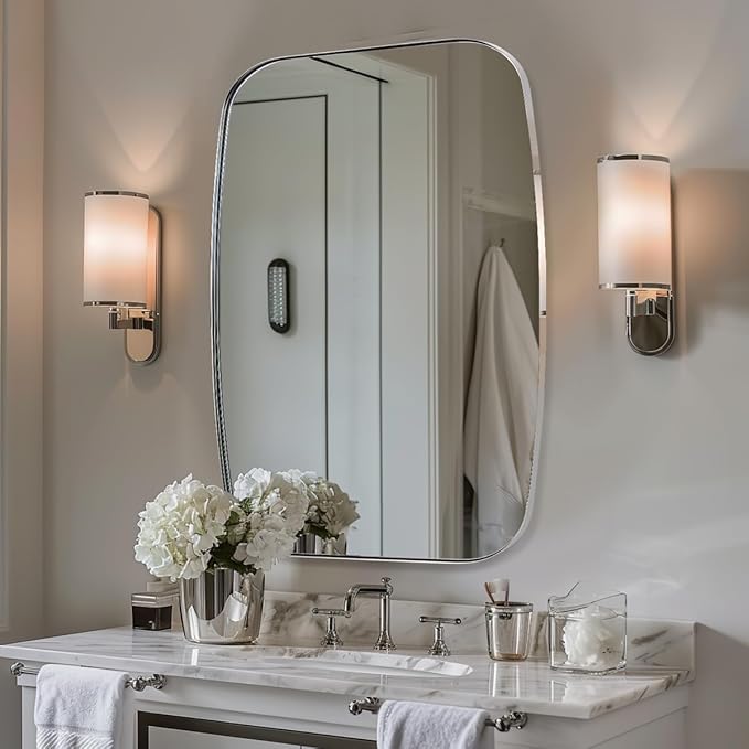 ANDY STAR Polished Chrome Mirror, 24x32 Oblong Bathroom Mirror for Vanity with Stainless Steel Metal Frame, Silver Oval Mirror Modern Anti Rust Wall Mounted-Ruum Studio Home