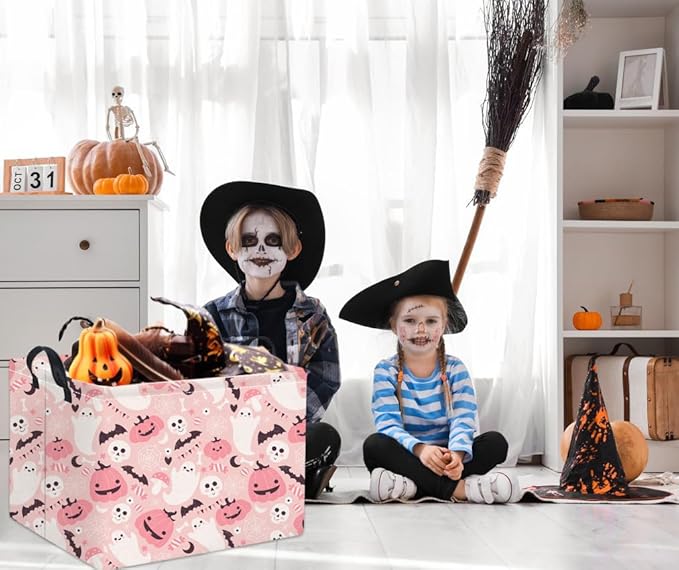 HIYAGON Rectangular Halloween Basket for Boys and Girls Kids Trick or Treat Pumpkin Basket for Halloween Parties Cute Storage Bin Organizer Box Room Decor(Pink ghost pumpkin)-Ruum Studio Home