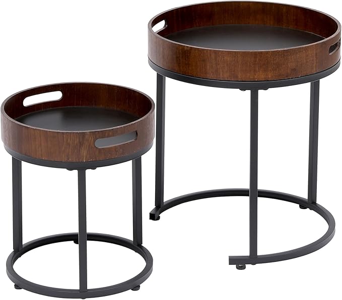 Nesting Coffee Table Set of 2, Small Round Stacking Side Table Set with Metal Frame, Nesting Tables for Living Room Bedroom Office Balcony (Wood, 2)-Ruum Studio Home
