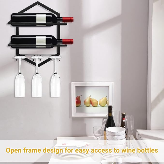Wall Mounted Wine Stemware Rack, Metal Hanging Wine Glass Display Holde Holds 3 Cups 2 Bottles, Elegant Storage for Kitchen Dining Room Bar Wine Cellar (Black 2)-Ruum Studio Home