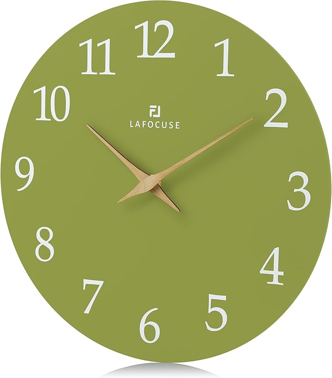Lafocuse 12 Inch Silent Olive Green Wall Clock Battery Operated for Living Room Decor, Simple Minimalist Wooden Wall Clock for Kitchen Bedroom Office-Ruum Studio Home