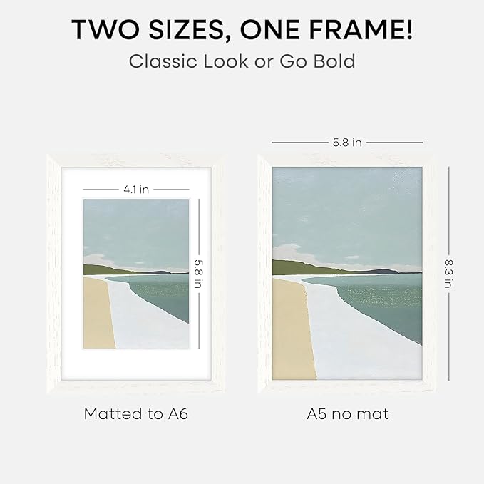 Homeforia A5 Picture Frame White Wood, High-End Oak 5.8x8.3 Frame Matted to 4.1x5.8 inch Photo, A5 Size Walnut Wooden Frames with Mat A6 for Print, 5.8 by 8.3 Frame, Tempered Glass, Wall Kit, Set of 1-Ruum Studio Home