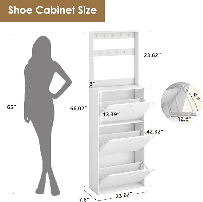 Shoe Storage Cabinet with 3 Flip Drawers, Narrow Shoe Cabinet with 9 Hooks Coat Rack, Freestanding Slim Shoe Storage Organizer for Entryway, Hallway, Entrance, Bedroom, Living Room, White-Ruum Studio Home