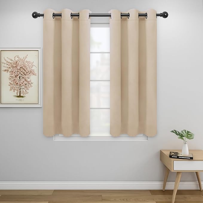 Easy-Going Blackout Curtains for Bedroom, Solid Thermal Insulated Grommet and Noise Reduction Window Drapes, Room Darkening Curtains for Living Room, 2 Panels (34x45 in, Beige)-Ruum Studio Home