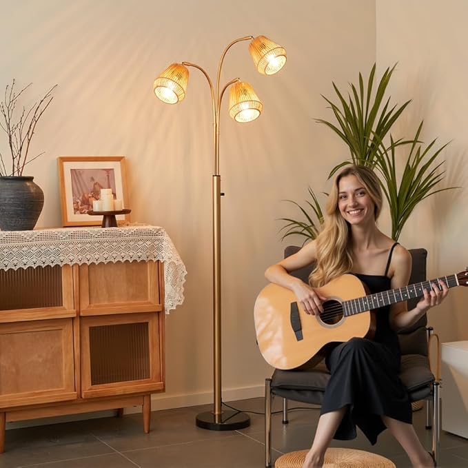 Gold Rattan Floor Lamp for Living Room, 72 Inch Tall Boho Floor Lamp with Rotary Switch, 3 Lights Arc Lamp with Wicker Shade for Coastal,Bohemian,Modern,Tree Farmhouse Standing Lamp-Ruum Studio Home