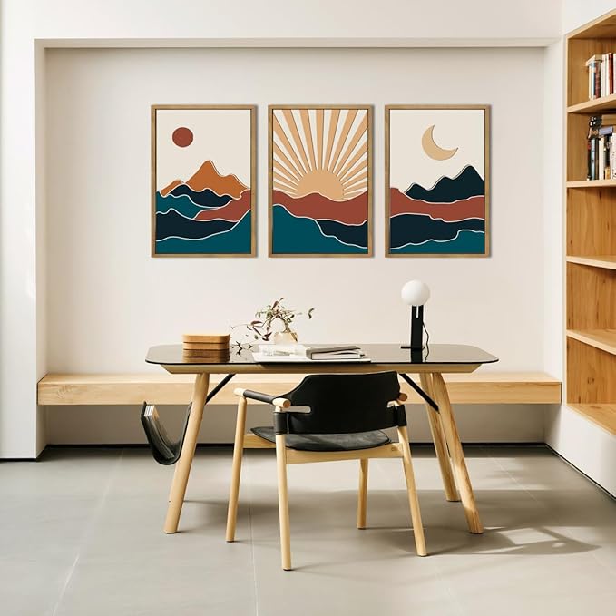 Large Boho Mountain Wall Art Set Modern Abstract Bohemian Wood Wall Decor Colorful Mid Century Neutral Artwork Sun and Moon Art Decor for Living Room Bedroom Office-16x24Inch x3-Ruum Studio Home