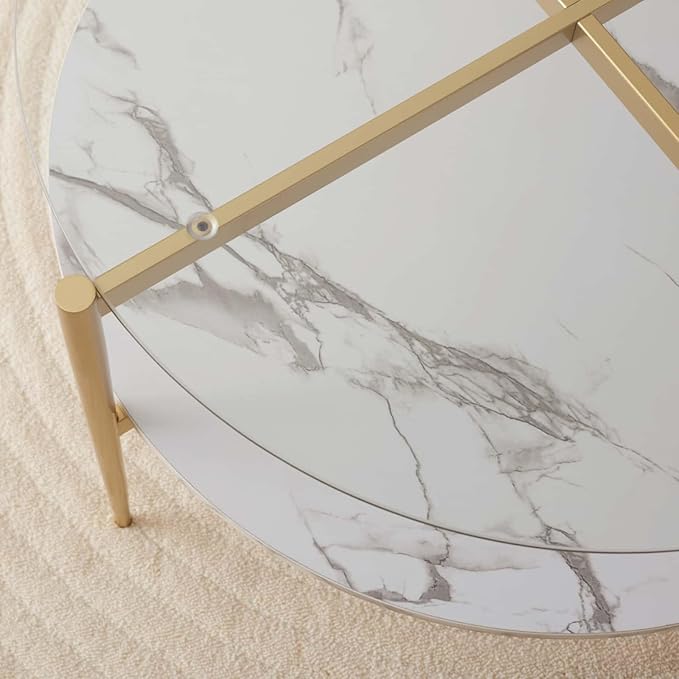 Round Coffee Table for Living Room, Mid-Century Modern Design, D30 x H17, 2-Tier Structure, Clear Glass Top and White Marble Finish Wood Shelf, Sleek Conical Metal Legs with Gold Finish Frame-Ruum Studio Home