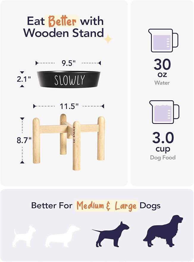 Ceramic Slow Feeder Dog Bowls Elevated, 3 Cups Raised Dog Bowl with Wooden Stand for Medium Large Breed to Slow Down Eating, Puzzle Food Bowl,Black-Ruum Studio Home