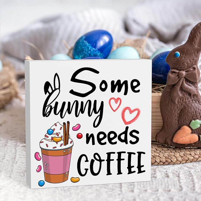 Rustic Farmhouse Easter Country Home Office Coffee Tables Desk Decor Coffee Bar Some Bunny Needs Coffee Sign Cubicle Shelf Tiered Tray Decor Gift Ideas 5 X 5 Inch-Ruum Studio Home