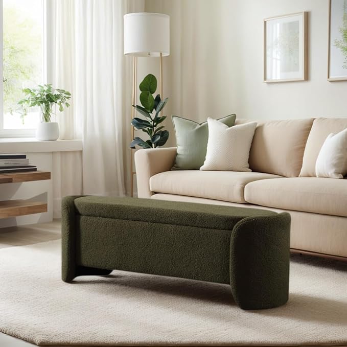 ROCTY Green Boucle Storage Bench - 50" Sherpa End of Bed Ottoman with Seating and Storage for Bedroom, Entryway, Living Room, Vanity or Makeup Room - Teddy Fabric-Ruum Studio Home