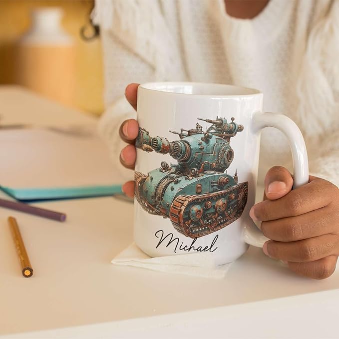 Personalized Unique Steampunk Tank Design Mug, Custom Mechanical Tank Art Coffee Cup 11oz, White Mug Gift For Mechanic Enthusiasts, Custom Name Ceramic Cup 11oz Or 15oz, Kids Mug-Ruum Studio Home