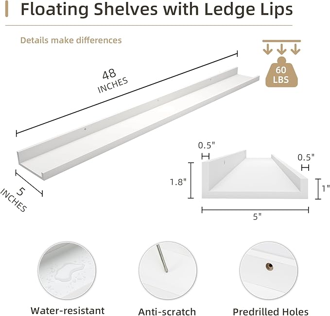 Picture Ledge Shelf, Wood Long Floating Shelves for Wall, Set of 2, 48 inch Picture Ledge Shelves, Photo Ledge Nursery Book Shelves Wall Mounted for Living Room Kids' Room Bedroom, Color White-Ruum Studio Home