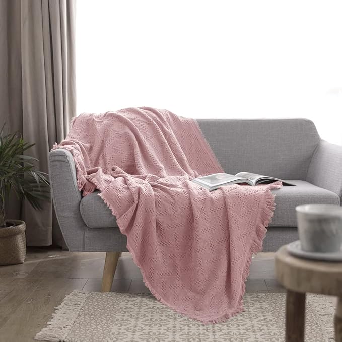 Simple&Opulence 100% Cotton Throw Blanket for Bed, Couch, Boho Luxury Geometric Knit Woven Blanket with Tassels Soft Lightweight Cozy Breathable, Vintage Farmhouse Decoration for All-Season(Pink)-Ruum Studio Home
