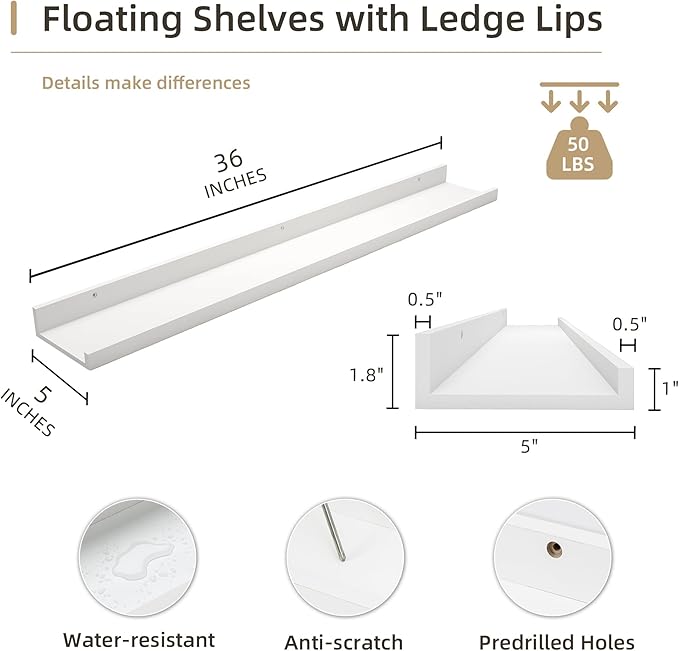Picture Ledge Shelf, Wood Floating Shelves Set of 2, 36 inch Picture Ledge Shelves, Photo Ledge Nursery Book Shelves Wall Mounted for Living Room Kids' Room Bedroom, Color White-Ruum Studio Home