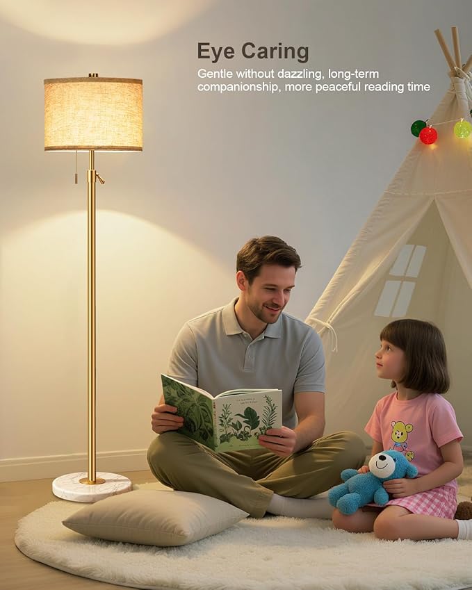 Modern Gold Floor Lamp for Living Room - Adjustable Height Standing Lamp with Marble Base & Linen Shade, 3-Way Dimmable Tall Floor Light for Bedroom, Reading, Bulb Included-Ruum Studio Home