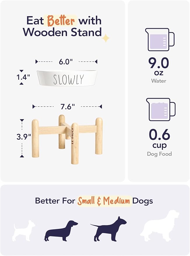 Ceramic Elevated Slow Feeder Dog Bowl - 0.6 Cup Puzzle Feeder with Wooden Stand for Small Breeds, White Pet Dish-Ruum Studio Home
