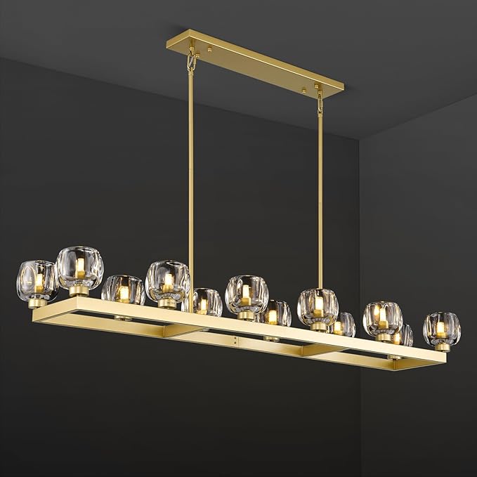 59 Inch Brass Rectangle Wagon Wheel Chandeliers, Gold Chandelier for Dining Room Over Table, Modern Crystal Long Chandelier, Farmhouse Large Linear Chandeliers for Kitchen Island-Ruum Studio Home