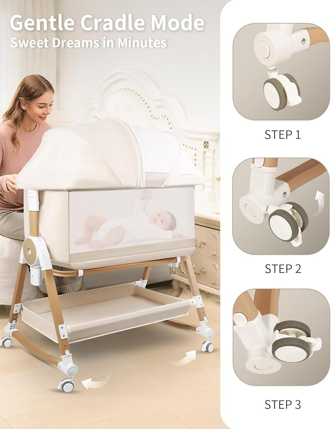 4 in 1 Baby Bassinet, Bassinets Bedside Sleeper with Wheels and Storage Basket, Adjustable 7 Heights Bedside Sleeper with Mosquito Net, Breathable Mesh Rocking Bassinet for Baby-Ruum Studio Home