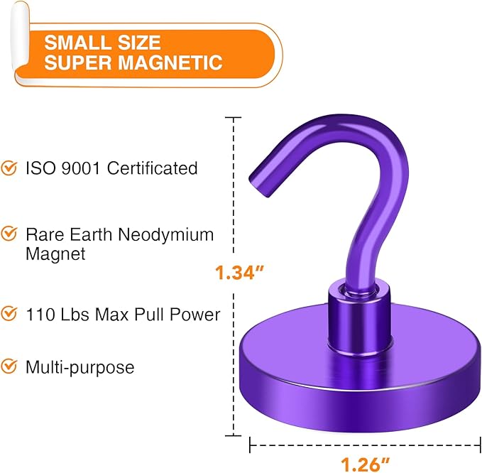 MIKEDE Strong Magnetic Hooks, 110Lbs Heavy Duty Magnetic Hooks for Cruise, Neodymium Earth Magnets with Hooks for Hanging, Super Metal Industrial Magnets for Grill, Storage (Purple,10 Pack)-Ruum Studio Home