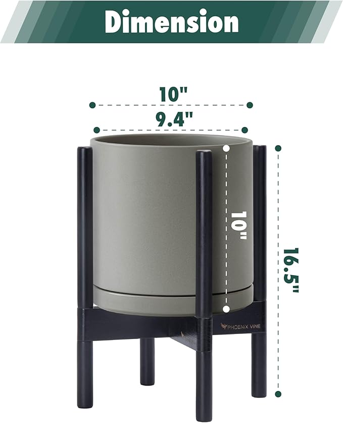 D'vine Dev Ceramic Planter with Ebony Stand - 10 Inch Modern Round Flower Pot with Wood Planter Holder, Grey, 55-B-L-3-Ruum Studio Home