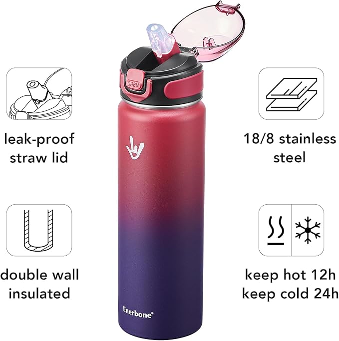 Enerbone 24 oz Insulated Water Bottle, Stainless Steel Bottle with Carrying Strap, Double-Wall Vacuum Insulation Design, Leakproof Sports Bottle with Straw, Keep Drinks Cold or Hot for Hours-Ruum Studio Home