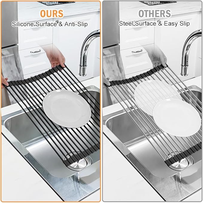LEMIKKLE Roll Up Dish Drying Rack 17" x 13", Over The Sink Dish Drainer Rack, Foldable Sink Drying Rack, Anti-Slip Silicone Wrapped Dish Drainer for Kitchen Counter (Black)-Ruum Studio Home