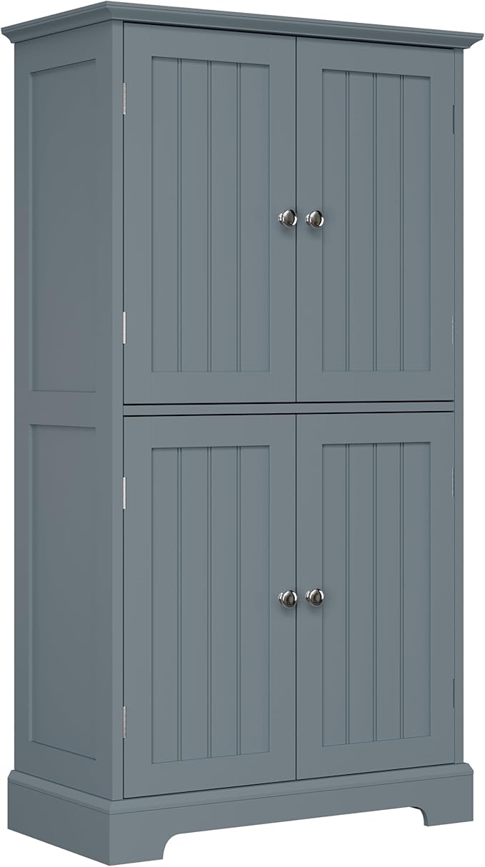 ChooChoo Bathroom Floor Cabinet, Modern Bathroom Storage Cabinet with 4 Doors and Adjustable Shelves, Freestanding Cupboard for Living Room, Grey-Ruum Studio Home