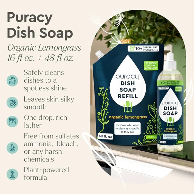 Puracy Natural Dish Soap Refill Bundle- Enzyme-Powered Dishwashing Soap, Organic Dishsoap Liquid Clean Non-Toxic (Organic Lemongrass, 16oz and 48oz Refill)-Ruum Studio Home