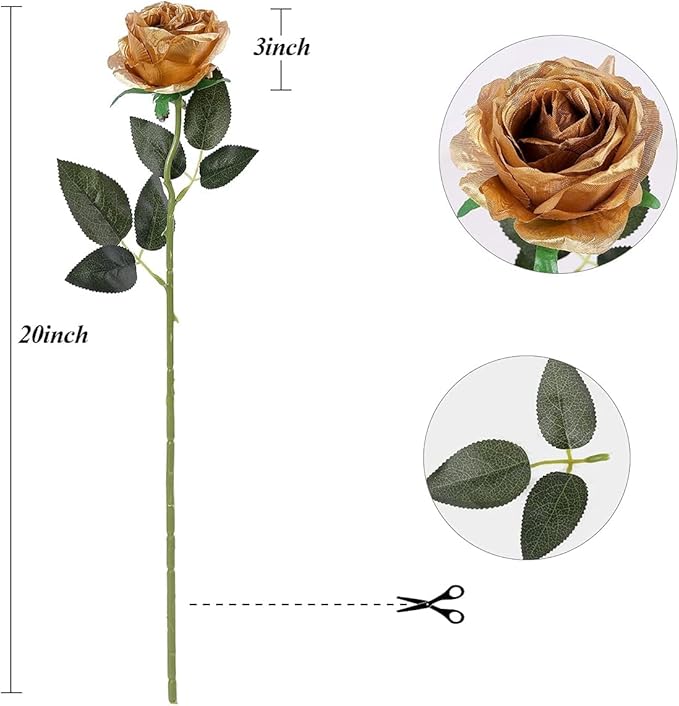 Gold Fake Roses Artificial Flowers - 16 Pcs Fake Artificial Roses Silk Flowers with Stems for Home Wedding Hotel Office Centerpiece Decor-Ruum Studio Home