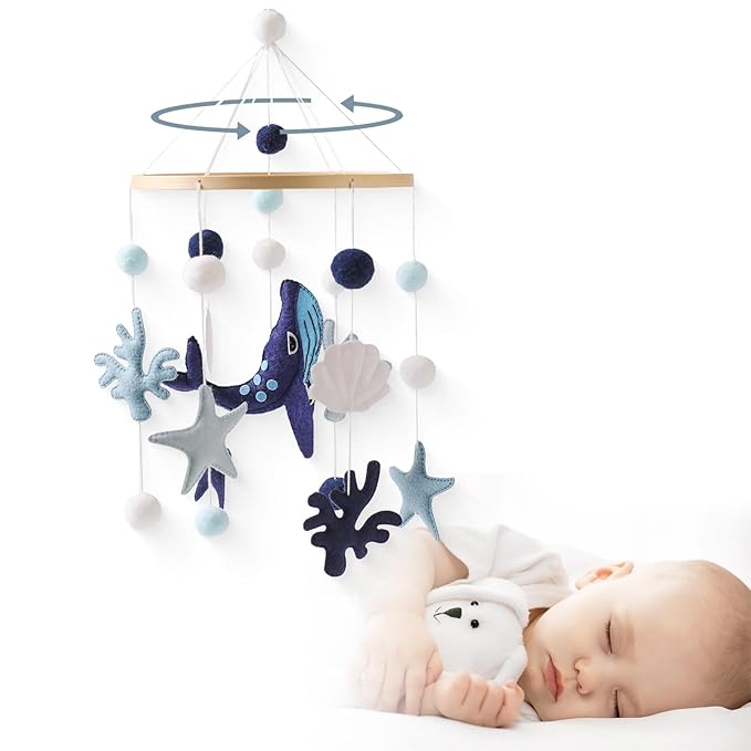 Baby Crib Mobile for Boys Girls - Ocean Animals Mobile for Crib, Gender Neutral Nursery Mobile, Baby Bassinet Mobile Toy for Soothing Sleep | Ceiling Mobile - Blue Whale, Shell, Coral, Starfish-Ruum Studio Home