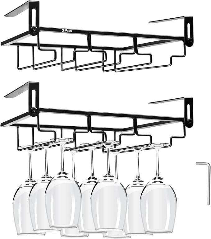 AUHOKY 2Pcs Adjustable Wine Glass Rack Under Cabinet, Punch-Free 3 Rows Stemware Metal Holder, Hanging Glass Storage Hanger Organizer for Shelf Kitchen Bar Decor (3 Rows, Black)-Ruum Studio Home