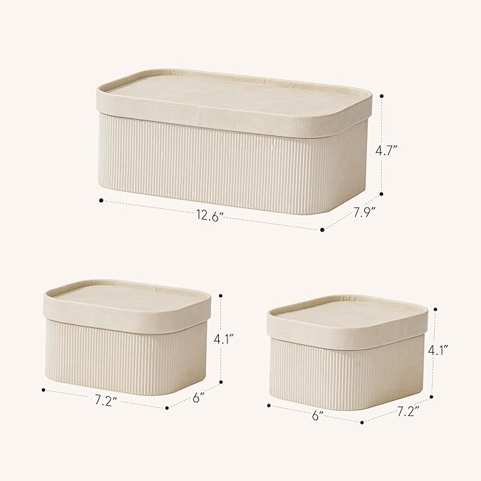 La Jolie Maison Fluted Cardboard Storage Baskets with Leather-Like Lids, Sturdy Stackable Paper Boxes Decorative Tray,Set of 3 Ivory-Ruum Studio Home