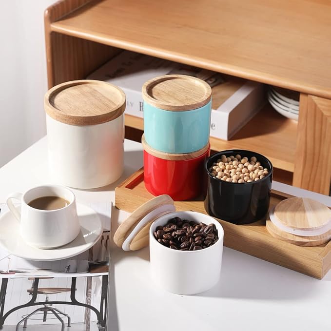 Sweejar Kitchen Canisters Ceramic Food Storage Jar, Stackable Containers with Airtight Seal Wooden Lid for Serving Ground Coffee, Tea, Sugar, Spice and More - 5 Fl Oz(White)-Ruum Studio Home
