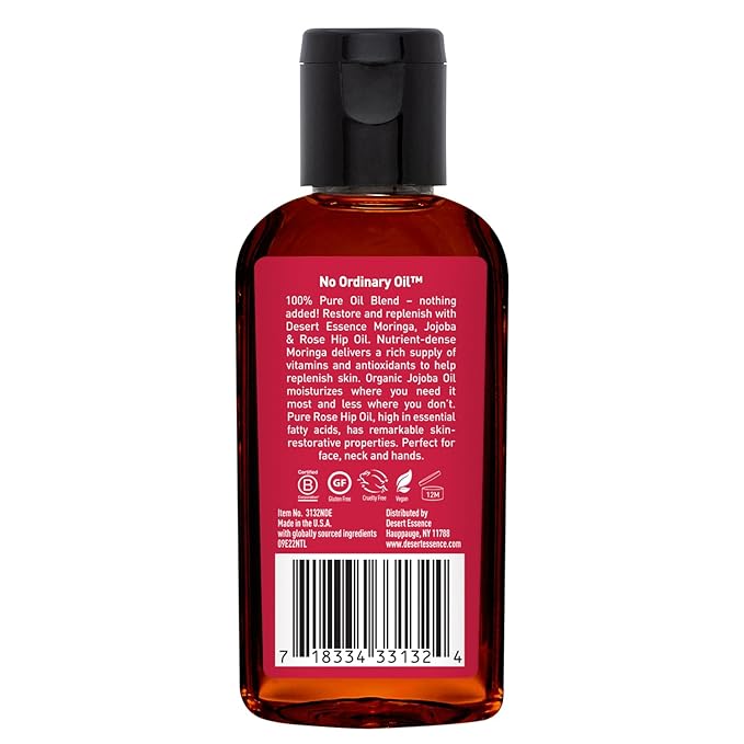 Desert Essence Moringa, Jojoba & Rose Hip Oil Refreshing & Rejuvenating Skin Restoration - Nutrient-Rich Vitamin Blend For Face, Neck, Body & Hands - Vegan, Non-GMO, Gluten-Free, Cruelty-Free - 2oz-Ruum Studio Home