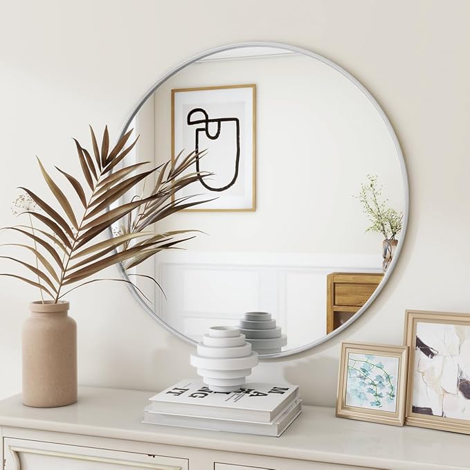 BEAUTYPEAK 24 Inch Round Mirror, Metal Frame Circle Mirror, Wall Mounted for Entryway, Bathroom, Vanity, Living Room, White-Ruum Studio Home