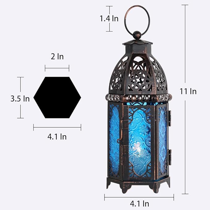 NEEDOMO Hanging Moroccan Lantern, 11'' Vintage Candle Holder, Metal Lanterns Decorative Indoor Outdoor, Table, Patio, Porch, Shelf, Gothic Home Decor (Blue, Medium Size)-Ruum Studio Home