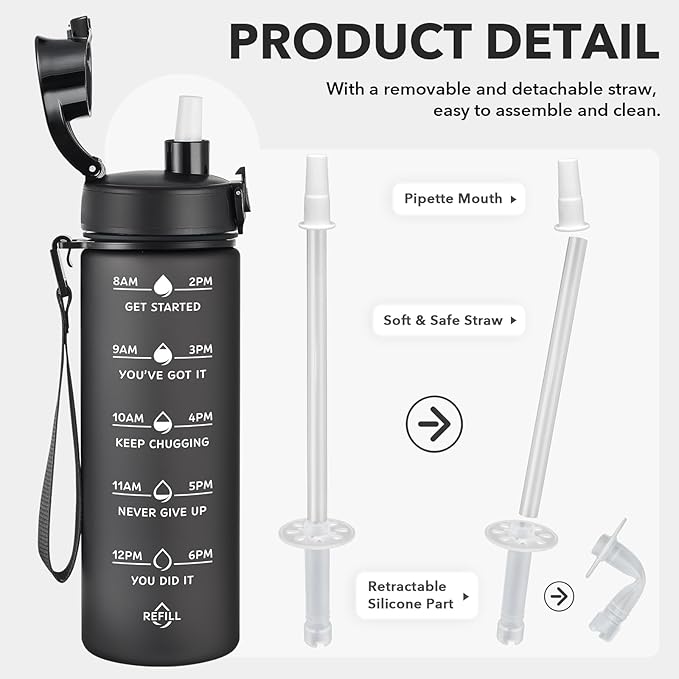 Enerbone Water Bottle, Leakproof BPA & Toxic Free, Motivational Water Bottle with Times to Drink and Straw, Fitness Sports Water Bottle with Strap for Office, Gym, Outdoor Sports-Ruum Studio Home