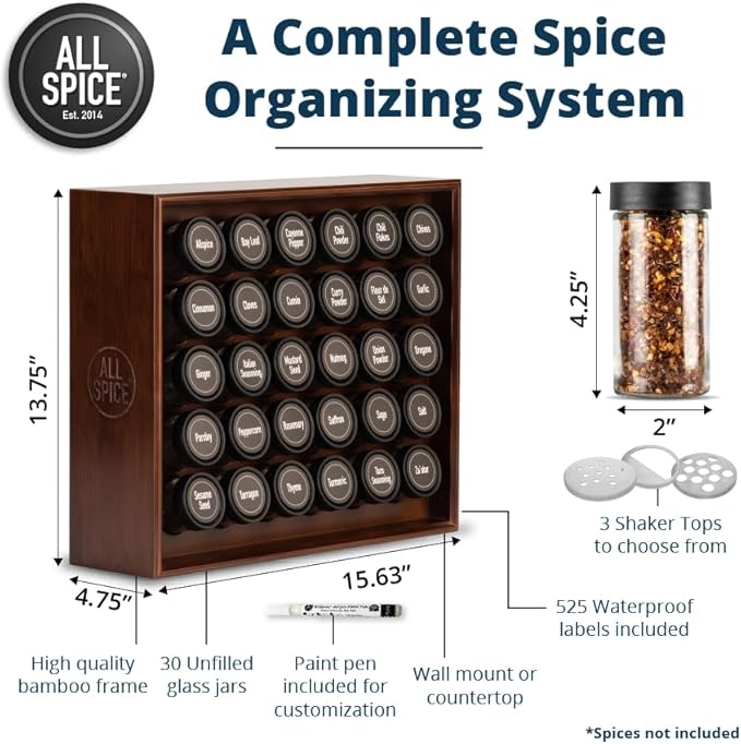 AllSpice Spice Rack Organizer, Wood, 525 Unique Labels, Countertop or Wall Mount, Includes 30 4oz Jars- Walnut Stain-Ruum Studio Home
